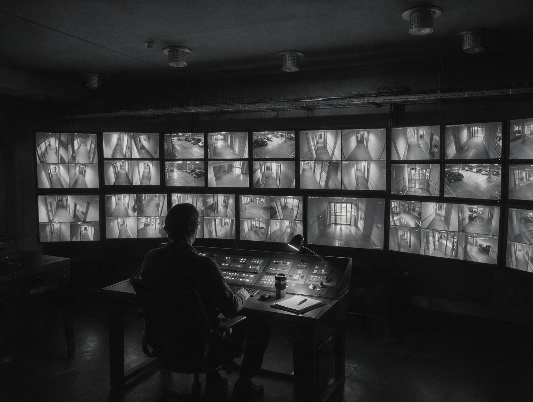 A-Team Security operator monitoring a wall of CCTV screens