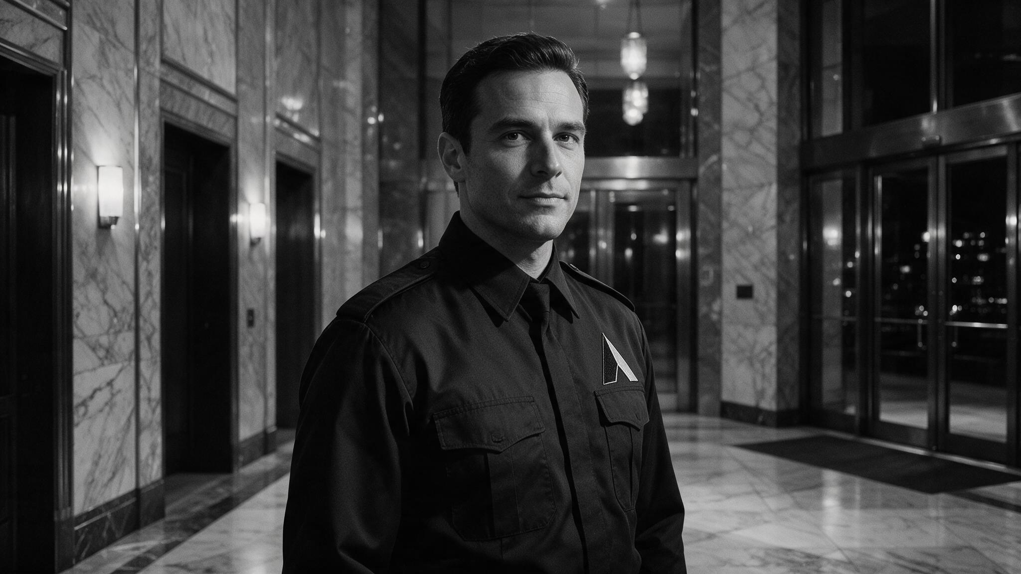 An A-Team Security officer in branded uniform, the A-Team logo on the chest, in a marble corporate lobby at night