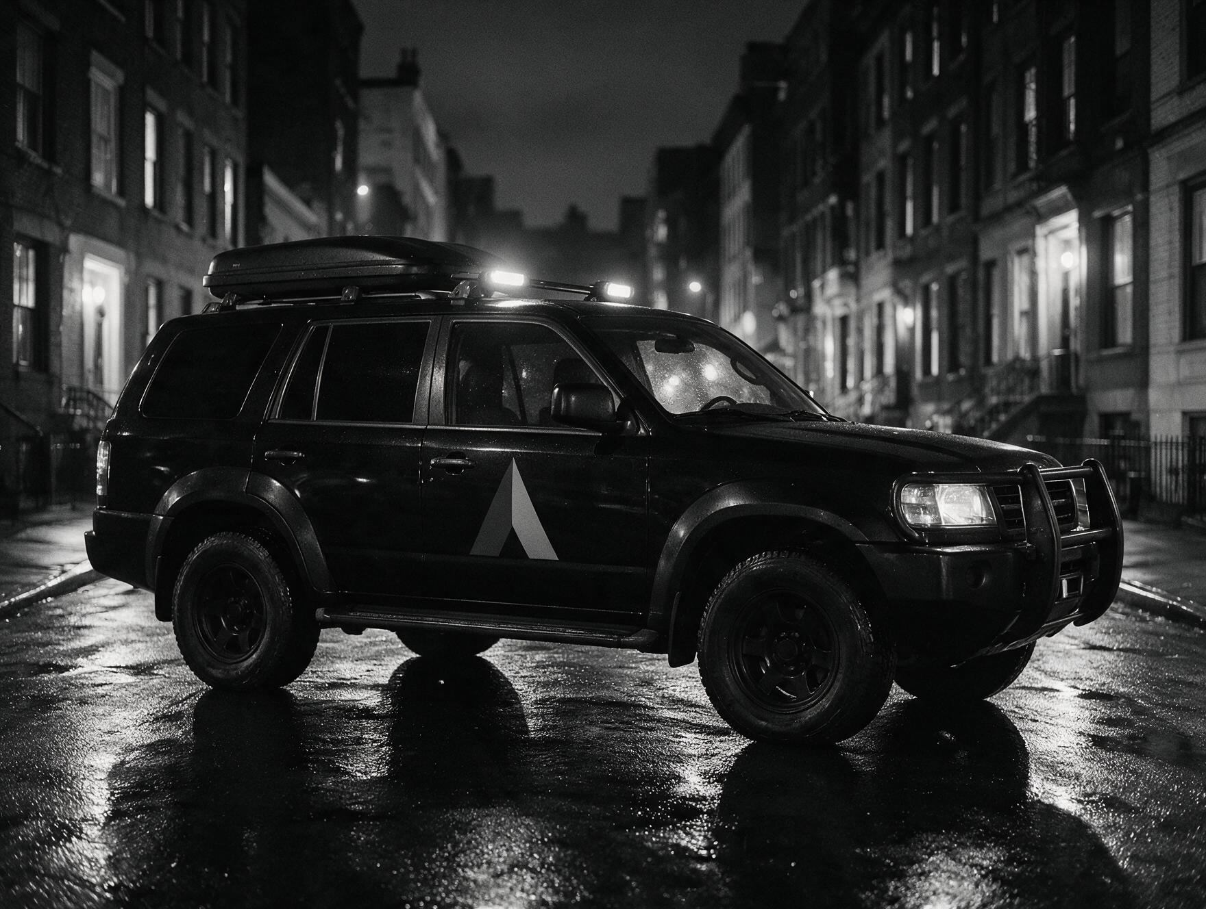 A-Team Security patrol SUV with the A-Team logo on the door, on a wet city street at night